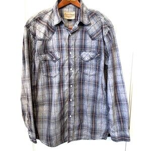 Vtg Cowboy Legend Western Pearl Snap Mineral Wash Plaid Shirt L Gray Blue Trippy